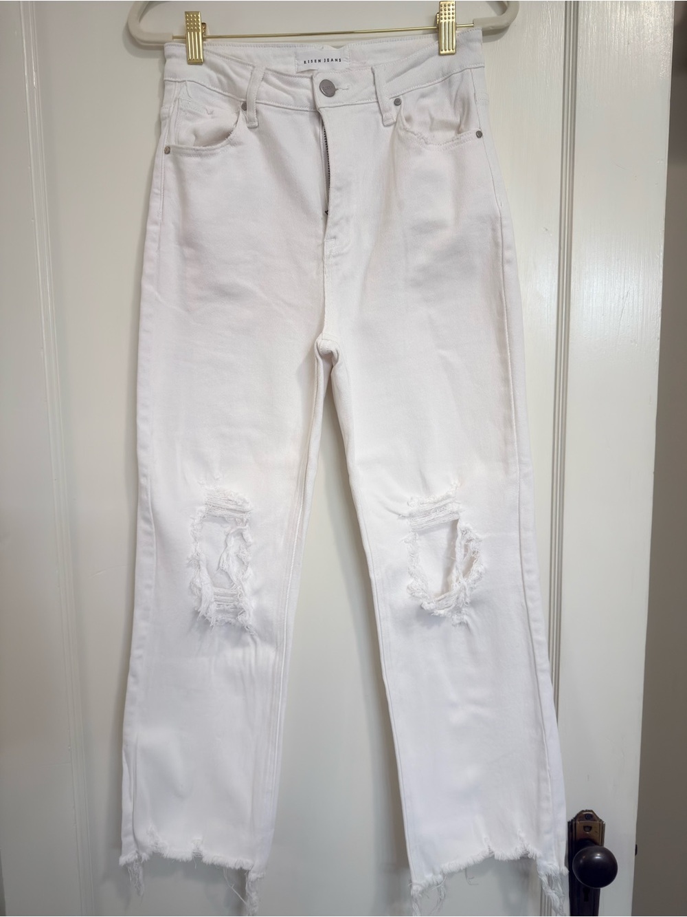 Risen Jeans White Distressed Straight-Leg Women’s Jeans
